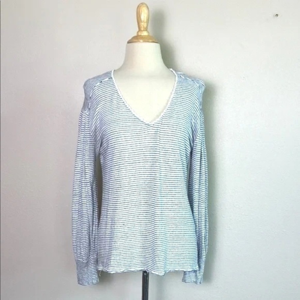 SUNDANCE Women Medium Linen Stripe Long Sleeve Scoop VNeck Tunic Top Lightweight